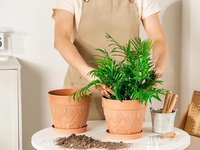 Melphoe Plant Pots Indoor with Drainage & Saucer, 2Pack 7 inch Flower Pots Outdoor Planters for Indoor Plants Garden Home Decor Cactus Succulent, Rigid Plastic (Imitation-Terracotta) Vine-Embossed