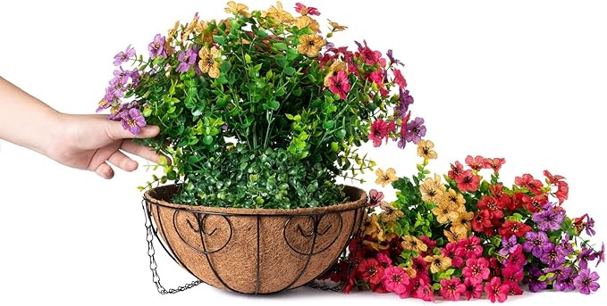 HyeFlora Artificial Faux Hanging Plants Flowers Basket for Summer Outdoor Outside Decoration, Fake Silk UV Sun Resistant Look Real Colorful Daisy Eucalyptus for Porch Home Patio Balcony Yard