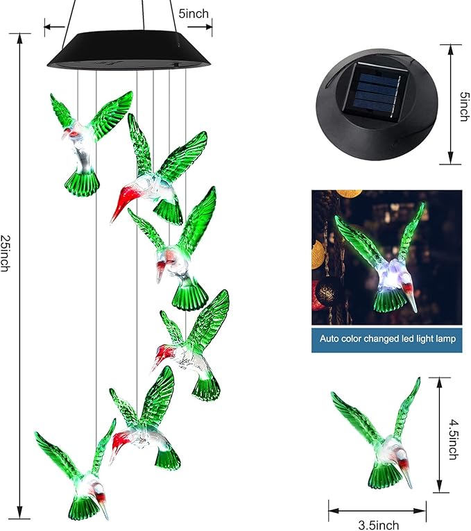 Wind Chime, Hummingbird Solar Wind Chimes Outdoor Color Changing, 25 Inch Memorial Wind Chimes Hummingbird Gifts for mom, Birthday Gift for Women, mom's Best Gifts, Garden Patio Decor