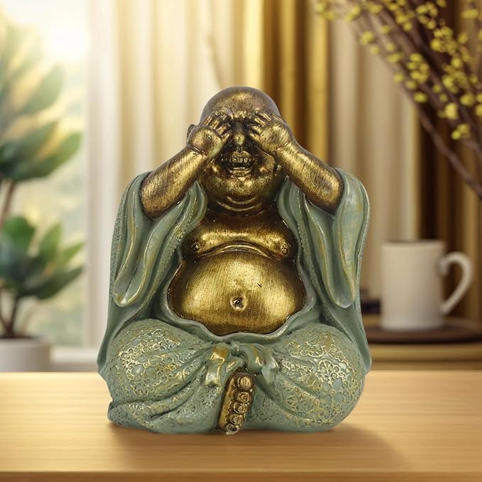 Laughing Buddha Statue - Gold Small Buddha Statues with Three Color Clothes for Home Decor (No See, No Speak, No Hear) - House Decor, Meditation & Feng Shui Gift (5.5 * 4.7 * 6.7")(Green)