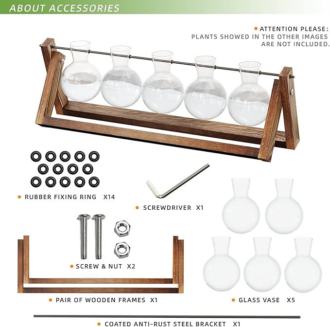 CFMOUR Plant Terrarium with Wooden Stand, Desktop Propagation Stations Glass Air Planter Metal Swivel Holder for Indoor Live Hydroponics Plants Office Home Garden Decor (5 Bulb Vase)