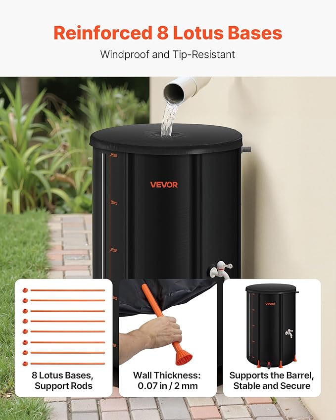 VEVOR Collapsible Rain Barrel, 66 Gallon Portable Rain Water Collection Barrel, 500D PVC Rainwater Collection System, Garden Water Catcher Tank Storage Container with Spigot & Overflow Kit, Black