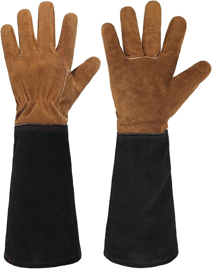 HANDLANDY Leather Gardening Gloves for Men & Women, Rose Pruning Thorn Proof Garden Glove, Long Sleeve Gauntlet Gloves (Black-brown, Large (Pack of 1))