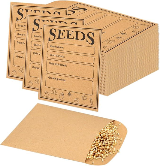 150pcs Seed Saving Envelopes, 4.7x3.1 Inch Reusable Seed Kraft Storage Organizer Packets Envelopes Printed with Types Name Template for Flower Vegetable Plants Garden Seeds Saving & Collecting