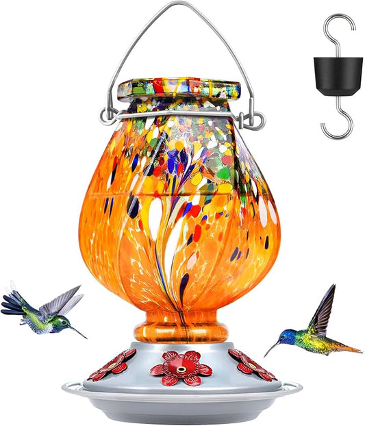 BOLITE Hummingbird Feeder, Hand Blown Glass Hummingbird Feeders for Outdoors Hanging, with 5 Feeding Ports, 22 Ounces, Orange, Birthday Gifts for Women Men, Gifts for Mom Dad