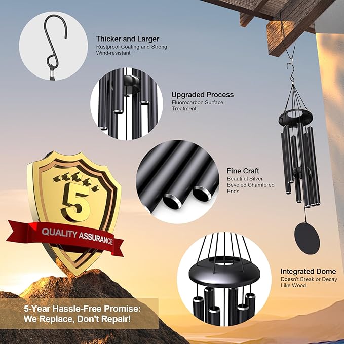 Big Black Wind Chimes for Outside Deep Tone, Personalized Metal WindChimes Tuned Melodic Music Sound Outdoors for Garden Patio Home with Rewritable Wind Catcher