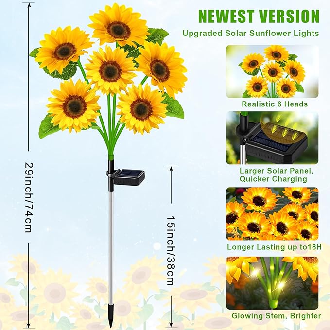 Sunflower Solar Lights Outdoor Decor, 4 Pack Solar Garden Decor 24 Waterproof Solar Sunflower Outdoor Lights for Garden Patio,Flower Bed, Pathway, Gift for Women, Mom, Grandma