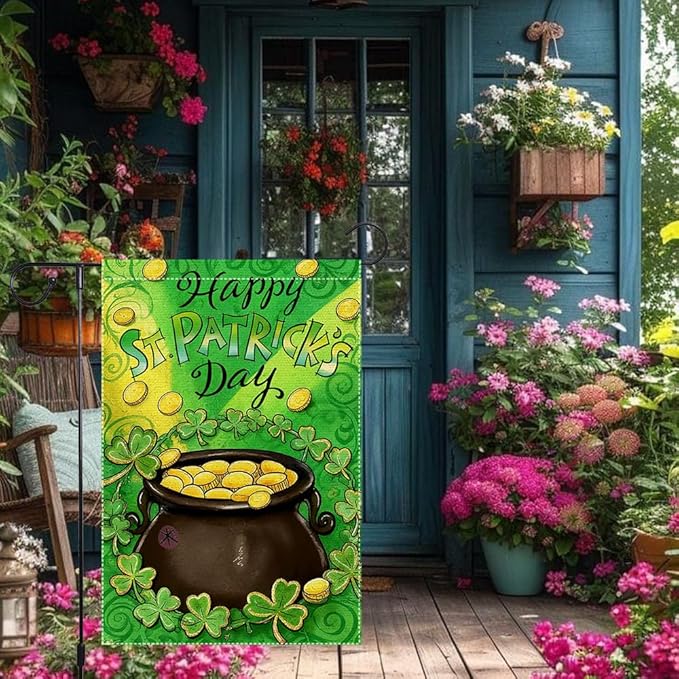 St Patrick's Day Garden Flag 12x18 Inch Double Sided Burlap Happy St Patrick's Day Pot of Gold Shamrocks Coins Outdoor Decorations Patio Irish Festival Decor