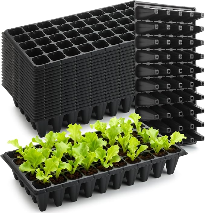 50-Pack Extra-Deep 50 Cell Seed Starter Trays, 3.55" Cone-Shaped Plug Trays for 1020 Flats, Heavy-Duty Plastic Germination Trays for Greenhouse, Garden & Urban Farming