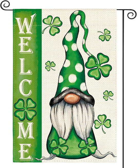 AVOIN colorlife Welcome St Patricks Day Garden Flag 12x18 Inch Double Sided, Leprechaun Gnome Shamrock Lucky Clover Holiday Yard Outdoor Flag