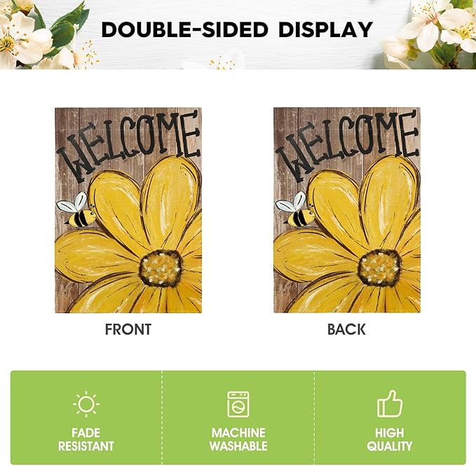 AVOIN colorlife Bee Sunflower Spring Summer Garden Flag 12x18 Inch Double Sided Outside, Welcome Wood Grain Yard Outdoor Flag