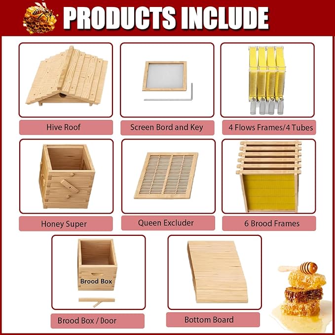 Beehive Starter Kit, Self-Flowing Honey Beehive with Observation Window and Honey Spout, Includes 4 bee Frames and 6 Honeycomb Trays for Beekeeping,Garden Pollinators