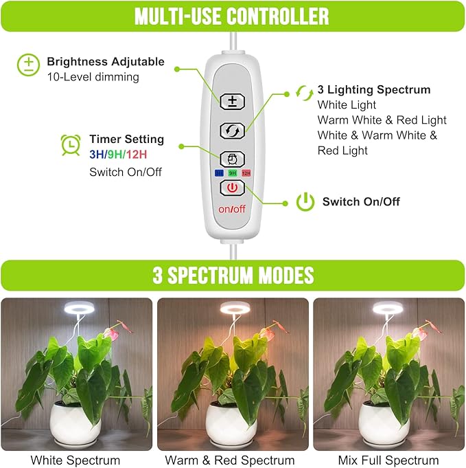 Grow Lights for Indoor Plants, Full Spectrum Halo Growing lamp with Detachable Base, Height Adjustable, 3 Colors, 10 Dimming, Automatic Timer, Plant Light for Small Plants Growing, 2-Pack