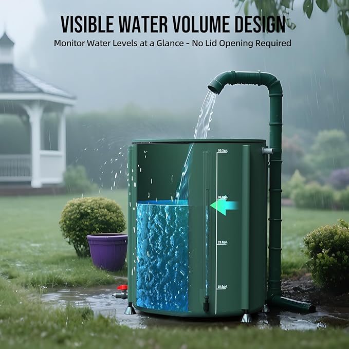 Collapsible Rain Barrel Water Collection System - 53 Gallon Portable Water Storage Tank,Foldable Rainwater Collect System Downspout, Water Catcher Container with Filter, Spigots＆Overflow Kit