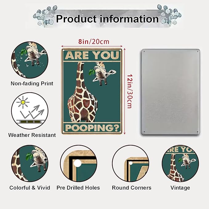 Funny Giraffe Are You Pooping Wall Decor Vintage Bathroom Sign Animal Picture for Bathroom Toilet Wall Decor 8x12 Inch