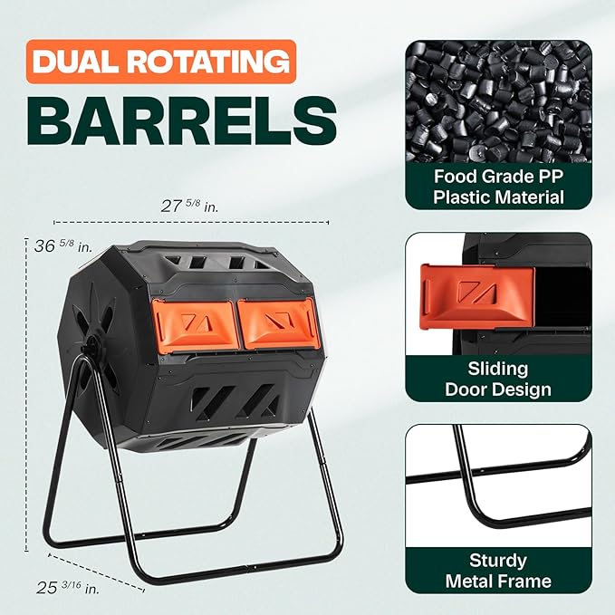Idzo Dual Chamber Rotating Composter Tumbler Outdoor, Compost Bin Outdoor Garden with Efficient Aeration System for Easy & Quick Composting, Space-Saving Rotating Compost Bin Prevents Odor & Rodents