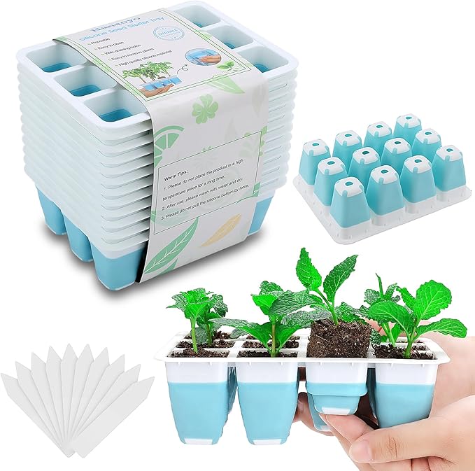 12 PCS Reusable Seed Starter Tray, 144 Cells Seed Starter Kit with Flexible Pop-Out Cells, Seedling Starter Trays for Seed Starter, Indoor Greenhouse Seeding Planting Growing