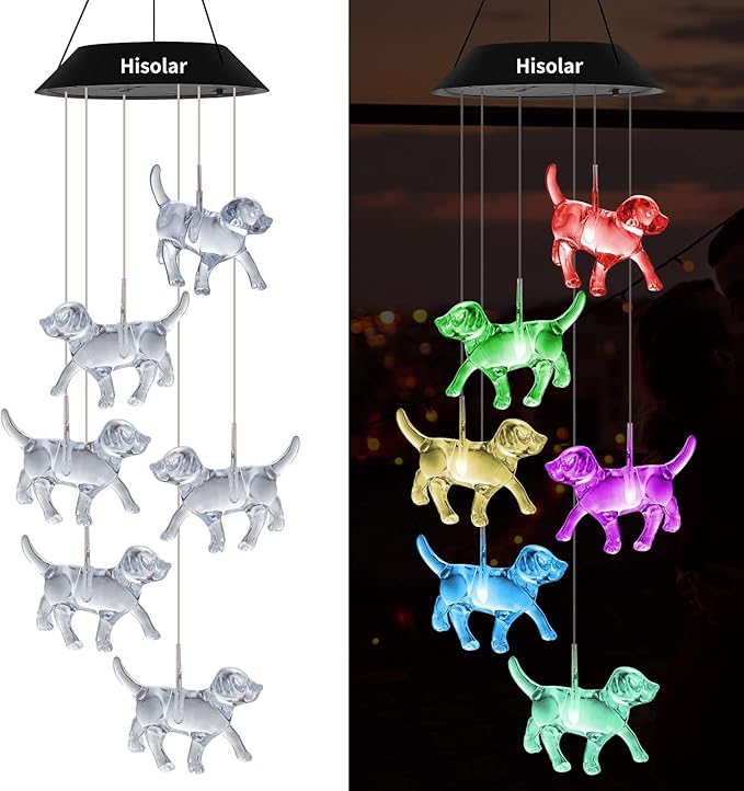 Crystal Dog Solar Wind Chimes Outdoor Color Changing Solar Mobile Lights LED Solar Powered Wind Chimes for Home Party Yard Garden Decor, Gifts for mom Birthday Gifts
