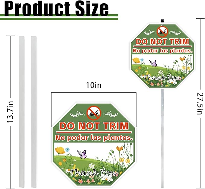2 Pack 10" x 28" Do Not Trim Yard Signs with Stake and Accessories, Rust Free Aluminum Composite, Bilingual Garden Metal Do Not Mow Signs for Outdoor Lawn