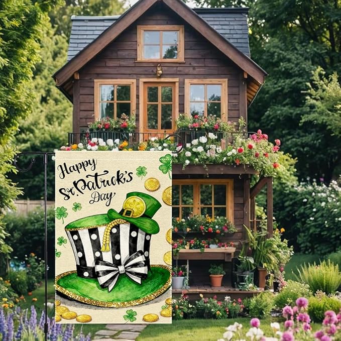 Happy St Patrick's Day Garden Flag 12x18 Inch Double Sided Burlap St Patrick's Day Leprechaun Hat Gold Coins Shamrocks Outdoor Decorations