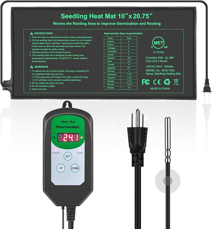 Bestio10"x 20.75" Seedling Heat Mat and Digital Thermostat Combo Set,MET & UL Certified Plant Heat Mat Heat mat for Plants for Germination,Suitable for Indoor Gardening,Greenhouse, Plants Germination