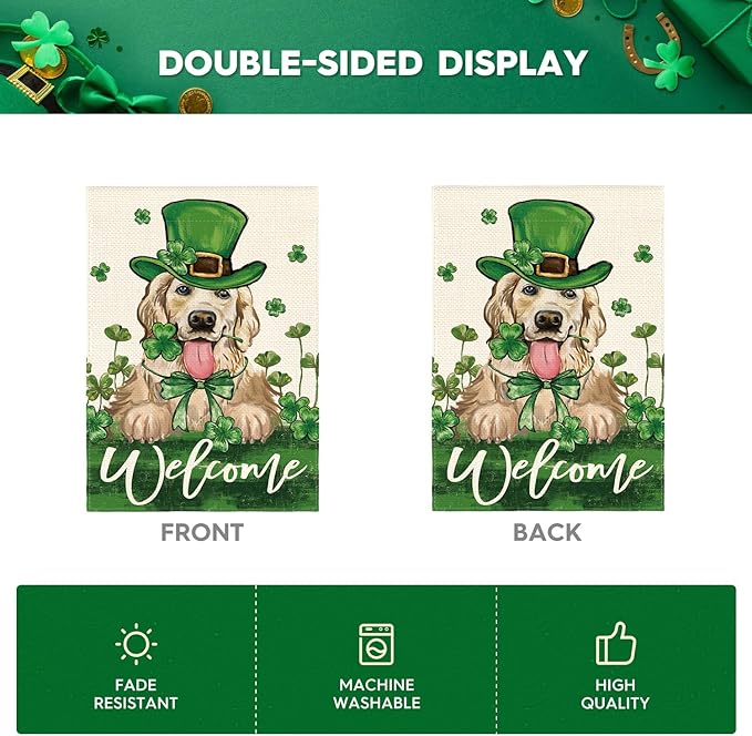 AVOIN colorlife St Patricks Day Green Hat Dog Garden Flag 12x18 Inch Double Sided, Lucky Shamrock 17 March Welcome Yard Outdoor Flag