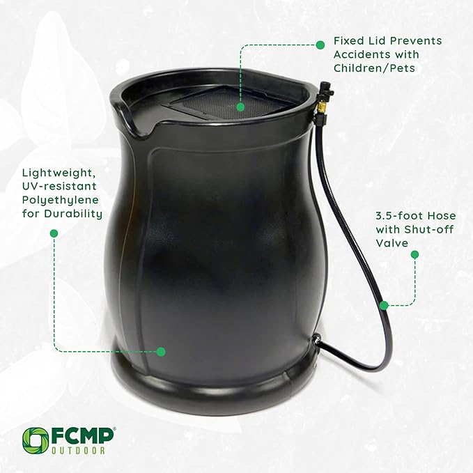 FCMP Outdoor 45-Gallon Catalina Rain Barrel – BPA-Free, Flat-Back Design with 3.5 Foot Garden Hose, Shut-Off Thumb Valve, and Fixed Lid (RB-CAT-BLK) Black