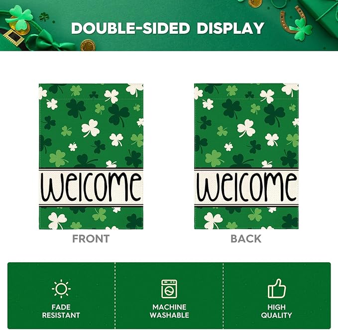 AVOIN colorlife St Patricks Day Garden Flag 12x18 Inch Double Sided Outside, Shamrocks Clovers Welcome Yard Outdoor Flag