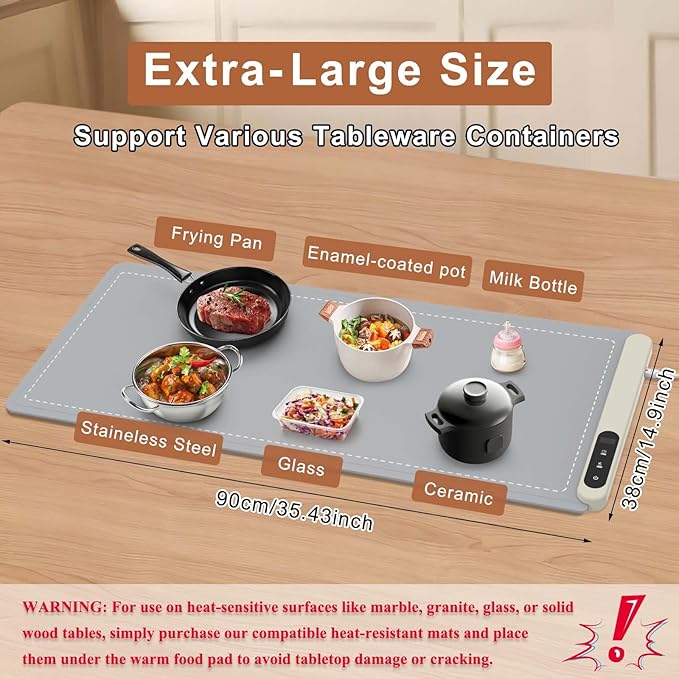FYY Extra Large Warming Mat for Food - Rapid and Full Surface Heating, 6 Temp Settings, 6H Timer, Rollable Portable Food Warming Mat for Gatherings, Parties, Keep Meal Warm (XX Large Size, Gray)
