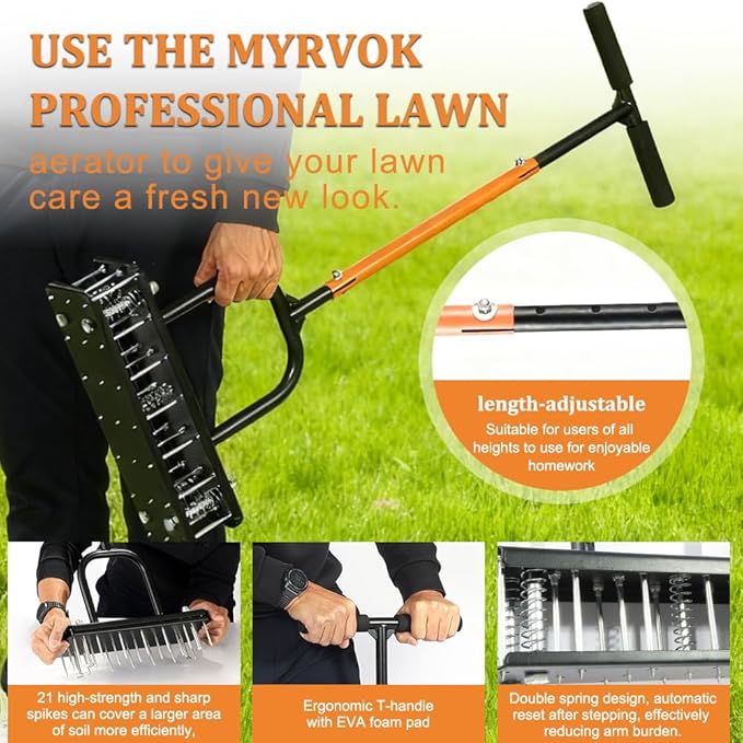 Lawn Aerator Tool – Grass & Yard Aerator, 4 Adjustable Height Settings, Metal Construction with Ergonomic Handle and Spring-Assisted Design for Effortless Yard Care.