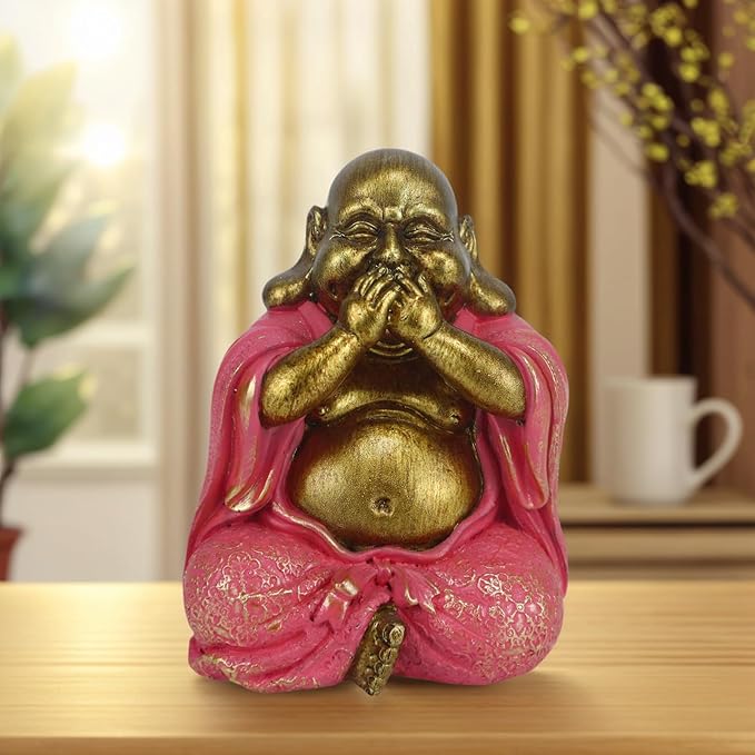 Laughing Buddha Statue - Gold Small Buddha Statues with Three Color Clothes for Home Decor (No See, No Speak, No Hear) - House Decor, Meditation & Feng Shui Gift (5.5 * 4.7 * 6.7") (Pink)