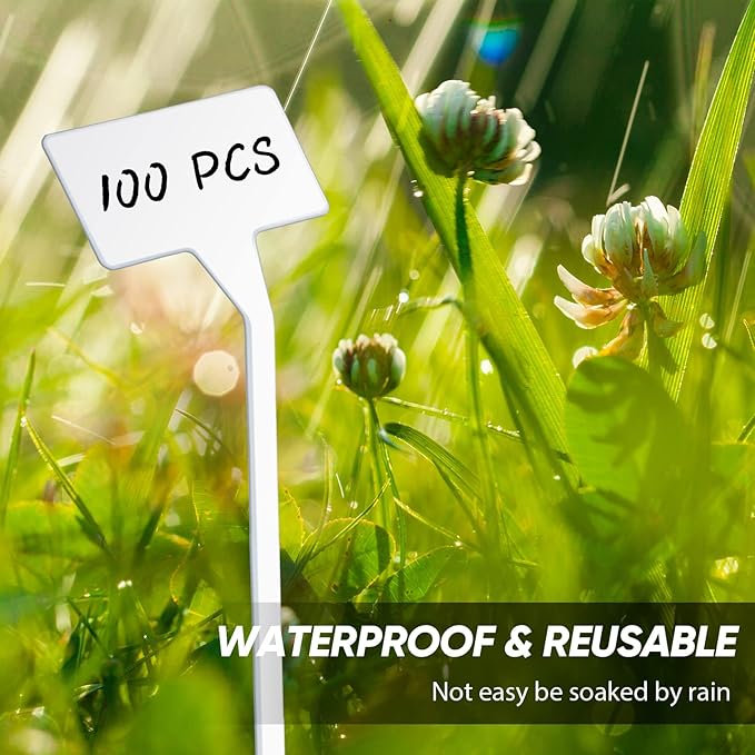 Yinkin 100 Pcs Large Plant Label Signs 11.8 Inch Plant Markers Plastic Garden Label Stakes Waterproof T Type Tags Nursery Garden Signs with Marker Pen for Flower Herb Pot(White)
