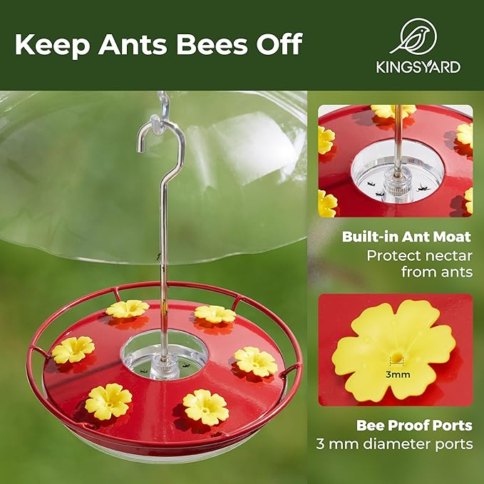 Kingsyard 12 oz Hummingbird Feeder with Rain Guard Dome, Leak-Proof Saucer Nectar Feeder for Outdoors Hanging, Built-in Ant Moat & 6 Bee-Proof Ports, Easy to Refill & Clean, Red