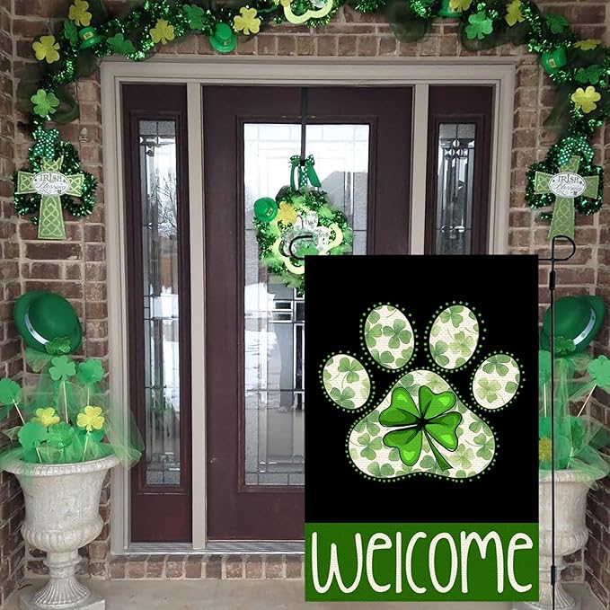 St Patricks Day Garden Flags for Outside, Irish Dog Paw with Green Hat Lucky Shamrocks Yard Decoration, Small Seasonal Outdoor Decor for Farmhouse Holiday,12x18 Inch Double Sided