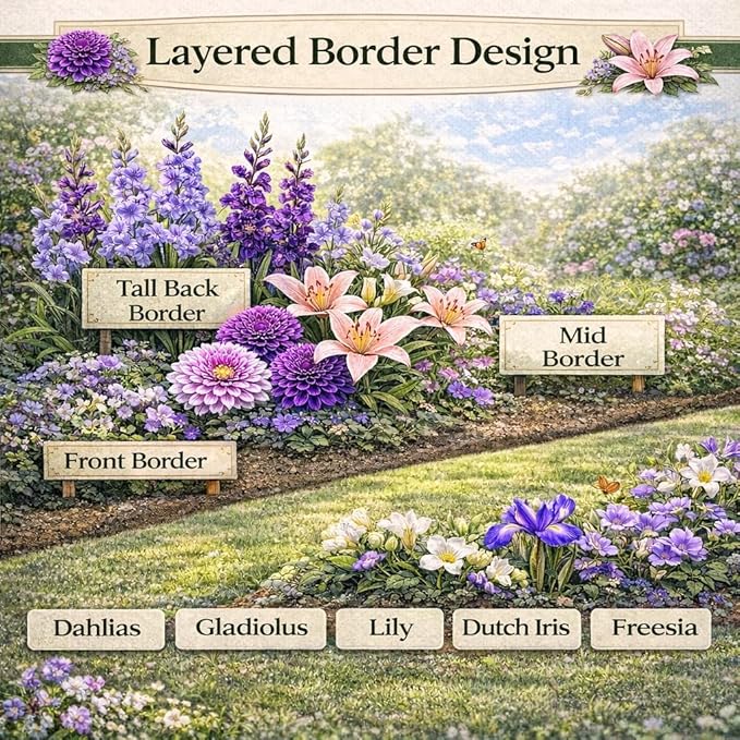 Royal Purple 64-Bulb Butterfly & Bee Pollinator Garden Mix – Premium Dahlias, Gladiolus, Lilies, Dutch Iris & Freesia | Easy-to-Grow Deer-Resistant Perennials | Summer Bloom, Spring Planting