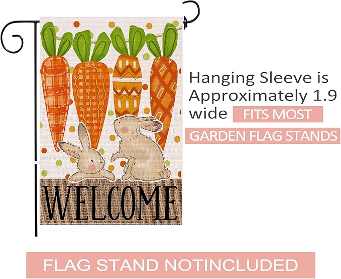 Easter Garden Flag 12x18 Inch Double Sided Outside, Carrots Bunny Easter Flag Burlap Decorations Outdoor Yard