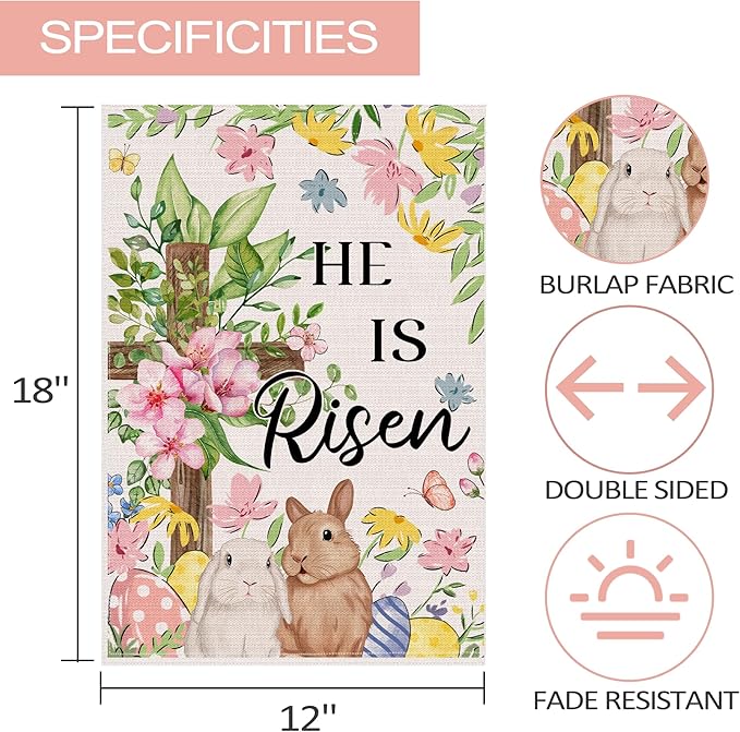 Easter Bunny Flag 12x18 Inch Double Sided Outside, He Is Risen Easter Flag Lamb Flowers Cross Decorations Outdoor Yard Burlap