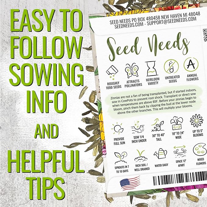 Seed Needs Zinnia Seeds 15+ Varieties Specialty Crazy Blend | 1,000+ Seeds Zinnia Elegans Open Pollinated | Includes California Giants, Candystripe & State Fair Species | Bulk