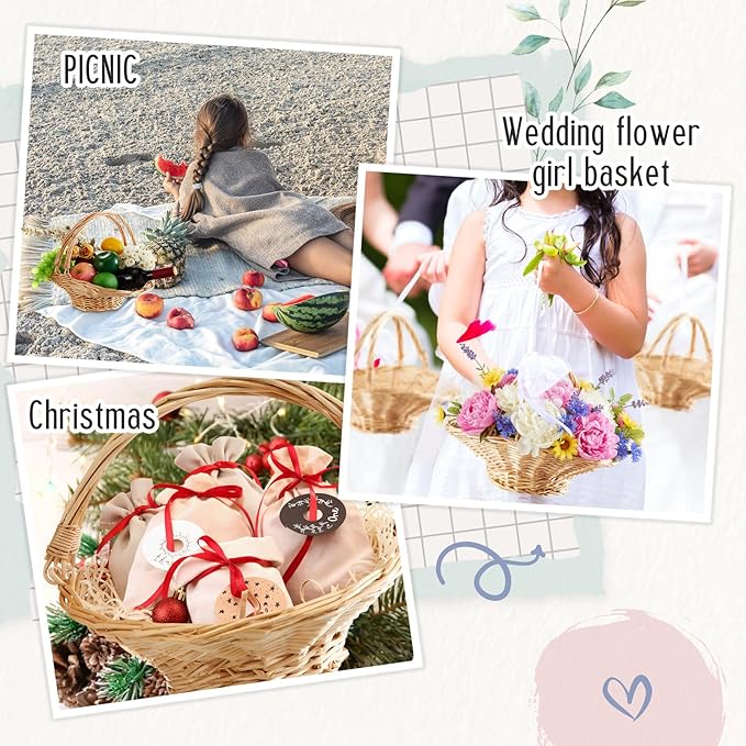 Marsui 2 Pcs Wicker Rattan Basket with Double Drop Down Handles, Christmas Wicker Woven Flower Gift Basket Storage Harvest Hamper for Garden Vegetables, Picnic, Home Decor Organizing, 15 & 13 Inch