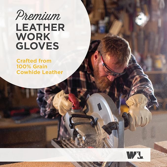 Wells Lamont Leather Work Gloves for Men – Grain Cowhide, Reinforced Palm – Ideal for Construction, Farming, Ranching – Ergonomic Fit, Keystone Thumb, Elasticized Wrist – Beige, Large (1130L)