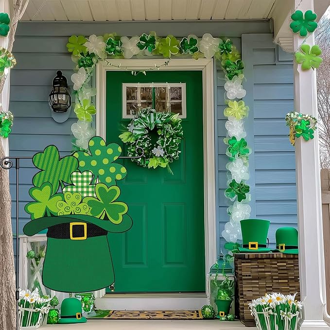 Heyfibro St Patrick's Day Garden Flag Banner Double Sided 13.4x18.9 Inch Shamrocks Green Hat Garden Flag Clover Yard Flags for Outside House Farmhouse Holiday St Patricks Outdoor Decorations