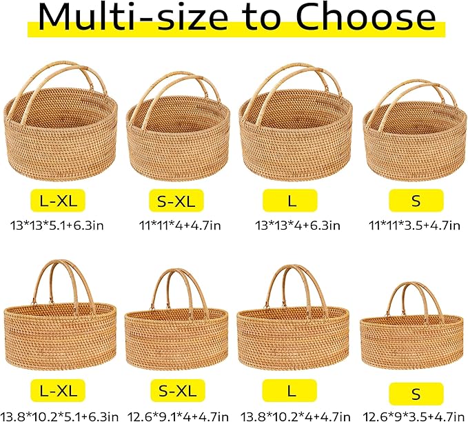 Handwoven Rattan Picnic Basket Sturdy Handles, Round Storage Organizer for Camping, Wedding, Home, Kitchen(13"×13"×5.1")