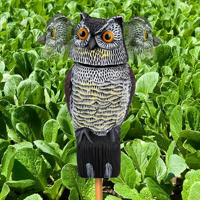 Owl Decoys to Scare Birds Squirrels Away, 360 Rotating Head Activated, Fake Owl Statues Repellent Pest Hawk Squirrel Cats Chickens Pigeon Bird Deterrents for Outside Garden Patios Backyard