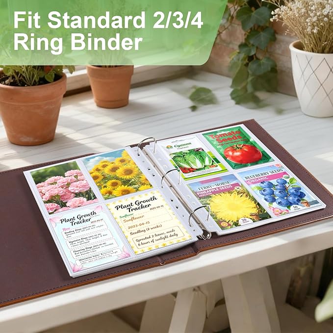 A4 3 Ring Binder Garden Seeds Storage Album with 30 Pcs 3.5x5” Seed Packet Sleeves, PU Leather Hardcover Organization Book for Seed Packet，Photo, Index Card，240 Top Loading Pockets Capacity