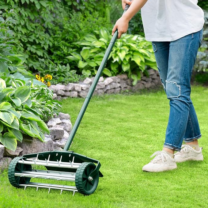 Goplus Rolling Lawn Aerator, 18-Inch Garden Yard Rotary Push Tine Heavy Duty Spike Soil Aeration, Manual Lawn Aeration Tool w/ 41-Inch Handle (Green w/Fender)