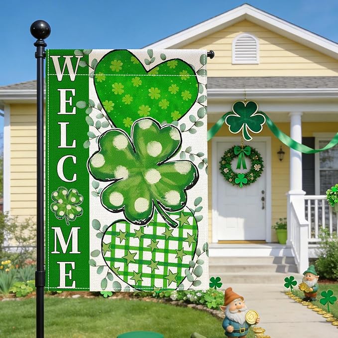 St. Patrick's Day Garden Flag 12x18 Inch Double Sided for Outside Green Clover Heart Small Burlap welcome Holiday Outdoor Lawn Farm House Yard Flag Decor