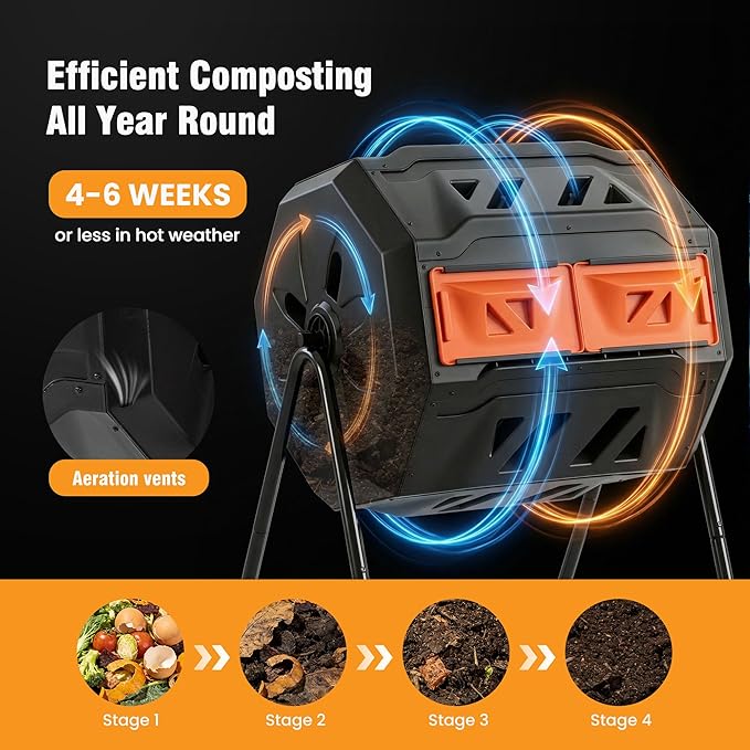NEWBULIG Compost Bin Outdoor 43 Gallon, Dual Chamber Composter Tumbler Outdoor with Gloves, Efficient 360°Rotating Composting Bin for Patio, Lawn, Home Gardening and Landscape, Orange
