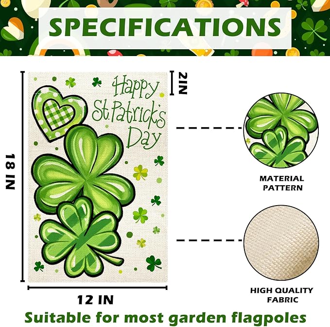 Nanafast Happy St. Patrick's Day Garden Flag Double Sided 12x18 Inch Shamrock Clover Garden Flags for Outside Yard Decoration