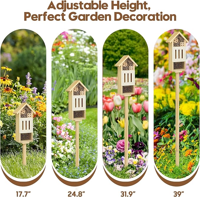 Bee House Bug Hotel & Butterfly House with Stake, Handcrafted Wooden Ladybug Hotel, Natural Insect Habitat for Garden, Patio, or Yard, Attracts Pollinators, 10.4 x 5.5 x 3.2 Inches,25 inches Stake