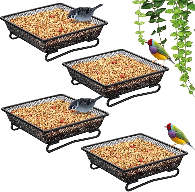 Nuogo 4 Pcs Ground Bird Feeder Tray 7 Inches Platform Bird Feeder for Outside Metal Squirrel Feeders Rust Resistant Mesh Seed Tray Garden Yard Decoration for Outdoor Wild Dove(Square)